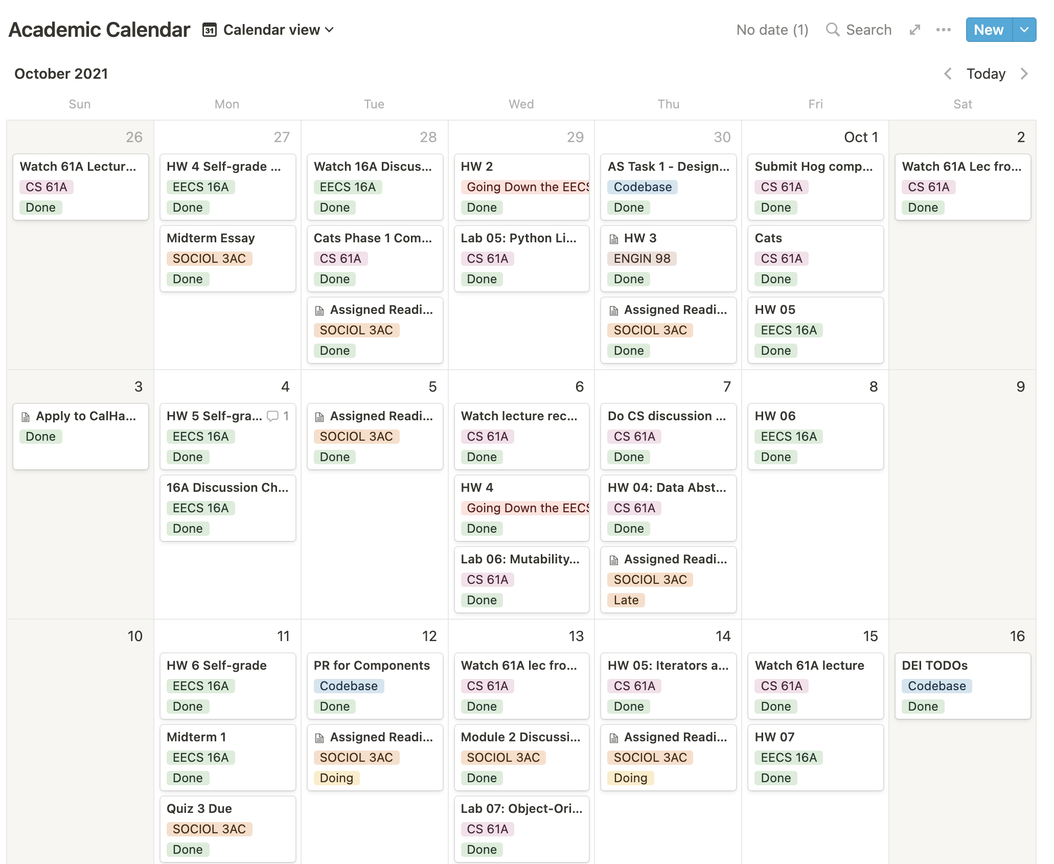 Notion Academic Calendar page in Calendar view, showing cards on each day of the month when I had assignments due. The cards represented each assignment