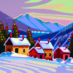 An oil painting of a snowy mountain village